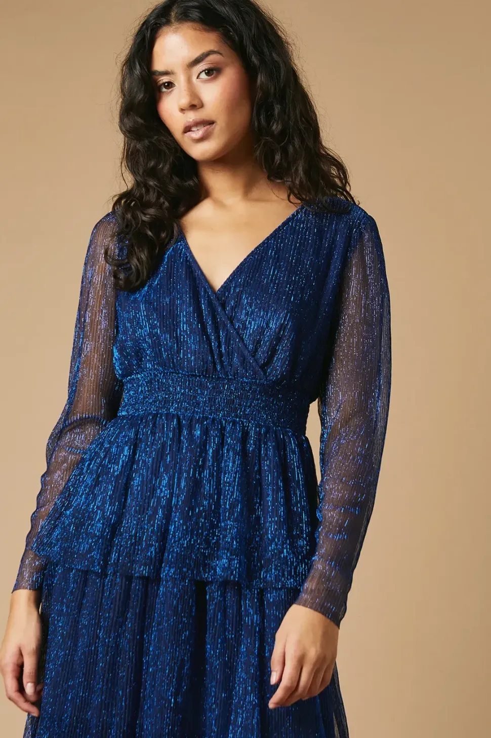 Petite Metallic Plisse Shirred Waist Tiered Maxi Dress