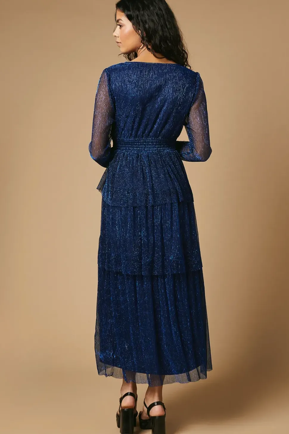 Petite Metallic Plisse Shirred Waist Tiered Maxi Dress