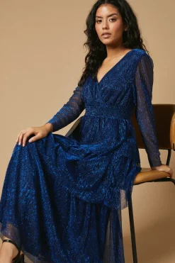Petite Metallic Plisse Shirred Waist Tiered Maxi Dress
