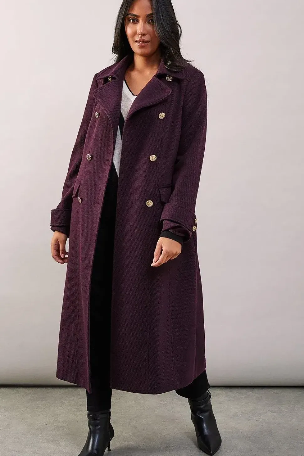 Petite Military Double Breasted Longline Coat