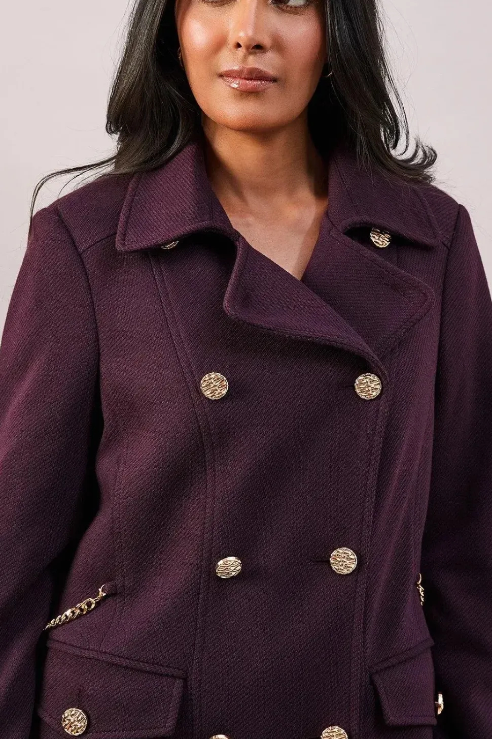 Petite Military Double Breasted Longline Coat