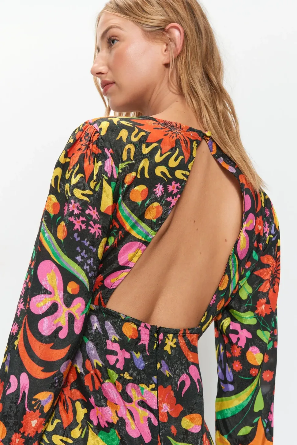 Petite Mixed Floral Flute Sleeve Jacquard Midi Dress