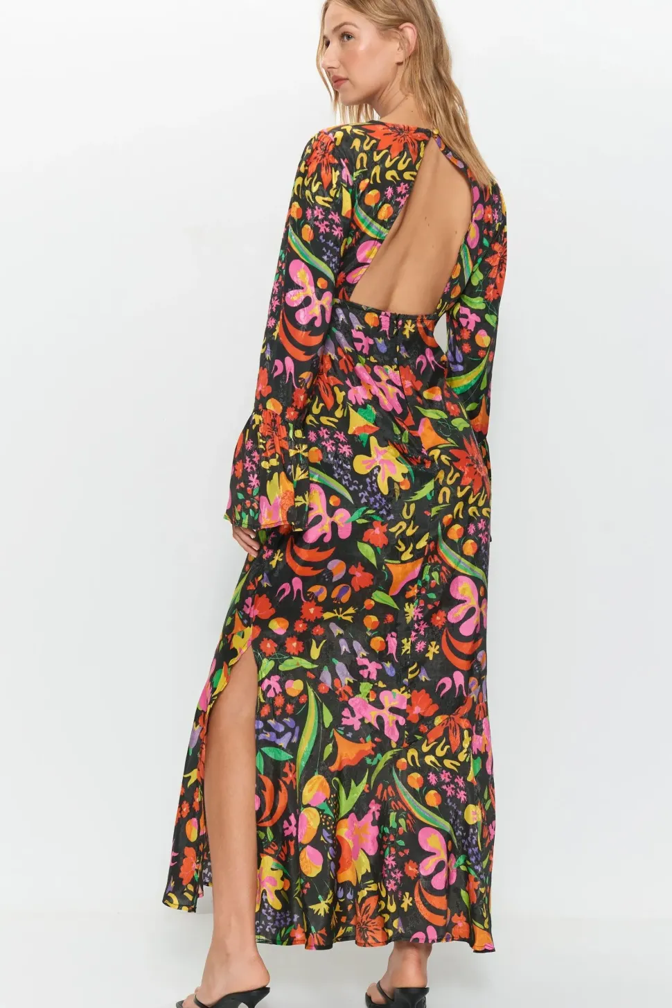 Petite Mixed Floral Flute Sleeve Jacquard Midi Dress