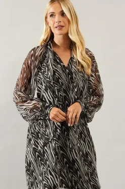 Petite Mono Animal Tie Neck Shift Dress