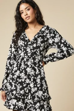 Petite Mono Ditsy Ruffle Wrap Long Sleeve Mini Dress