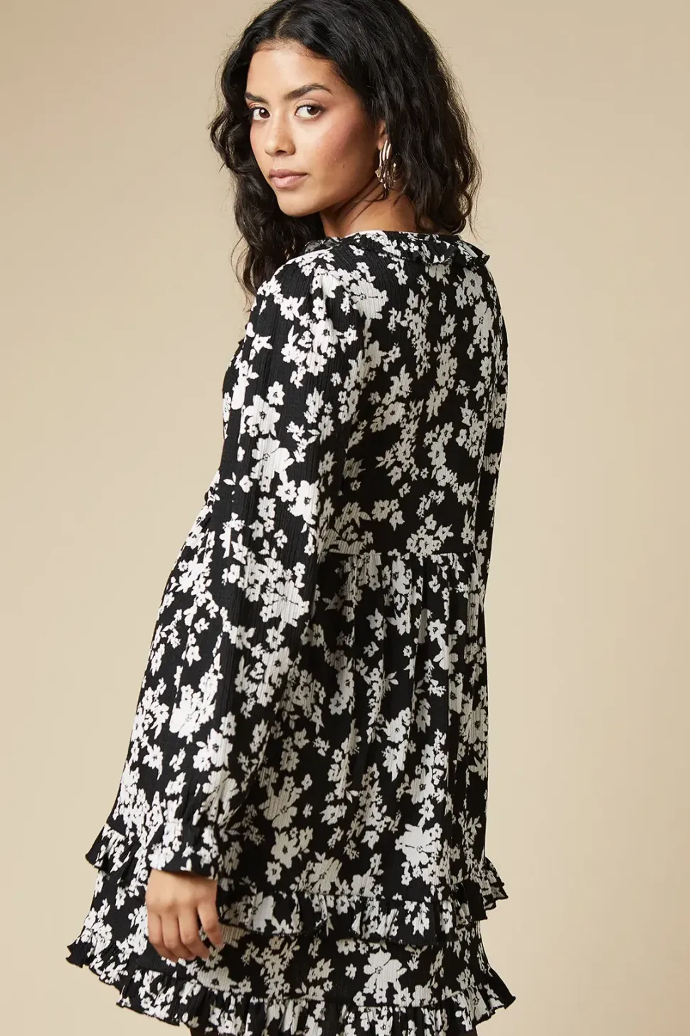 Petite Mono Ditsy Ruffle Wrap Long Sleeve Mini Dress