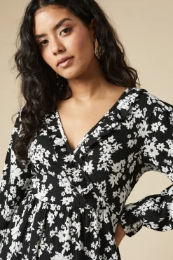 Petite Mono Ditsy Ruffle Wrap Long Sleeve Mini Dress
