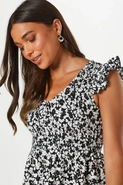 Petite Mono Ditsy Shirred Bodice Mini Dress