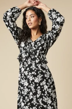 Petite Mono Ditsy Tie Front Ruffle Bust Long Sleeve Midi Dress