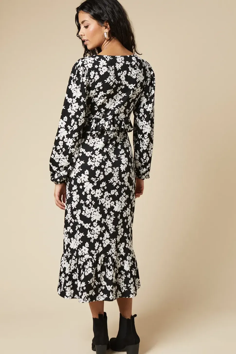 Petite Mono Ditsy Tie Front Ruffle Bust Long Sleeve Midi Dress