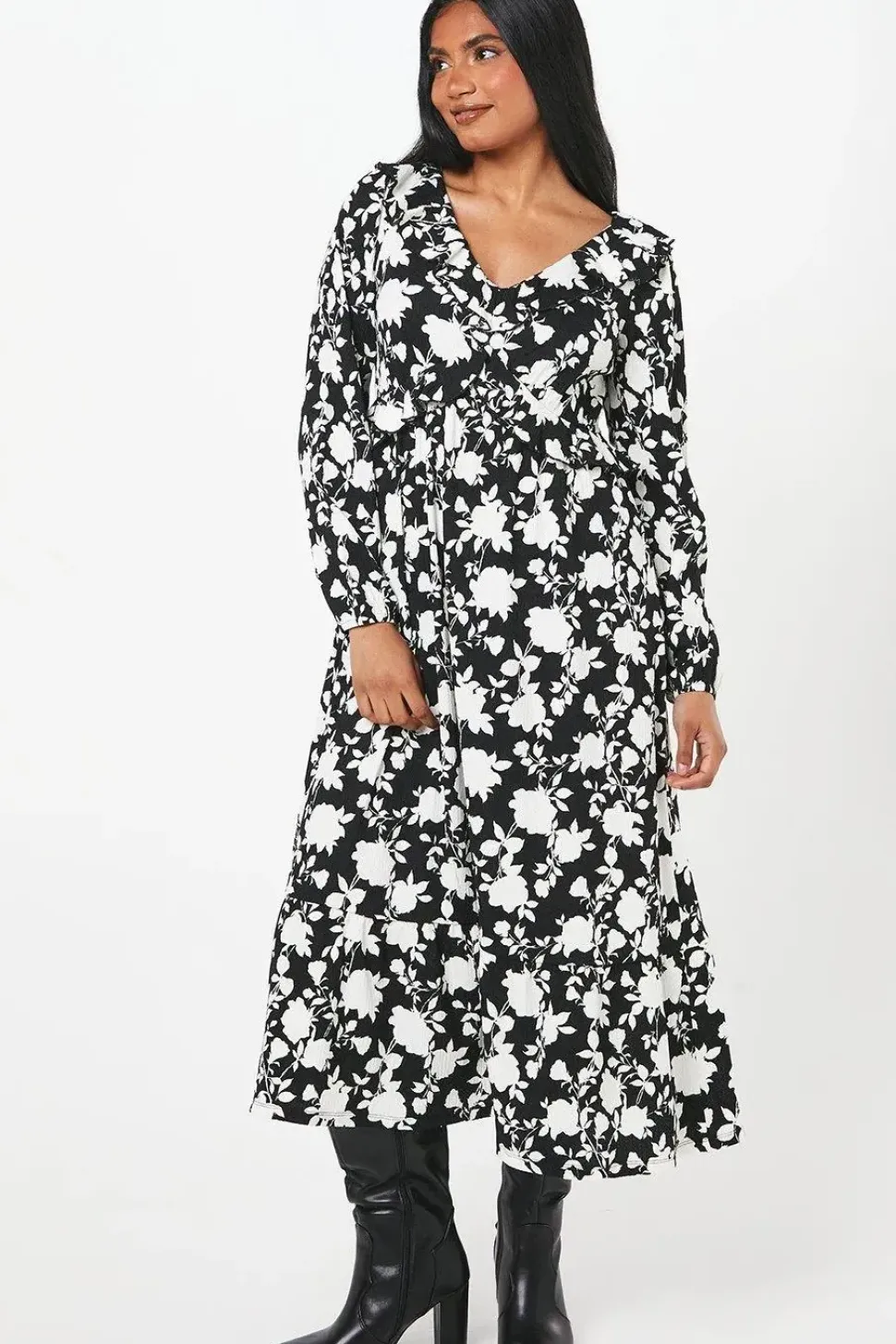Petite Mono Floral Print Ruffle Front Midi Dress
