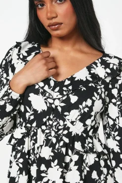 Petite Mono Floral Print Ruffle Front Midi Dress