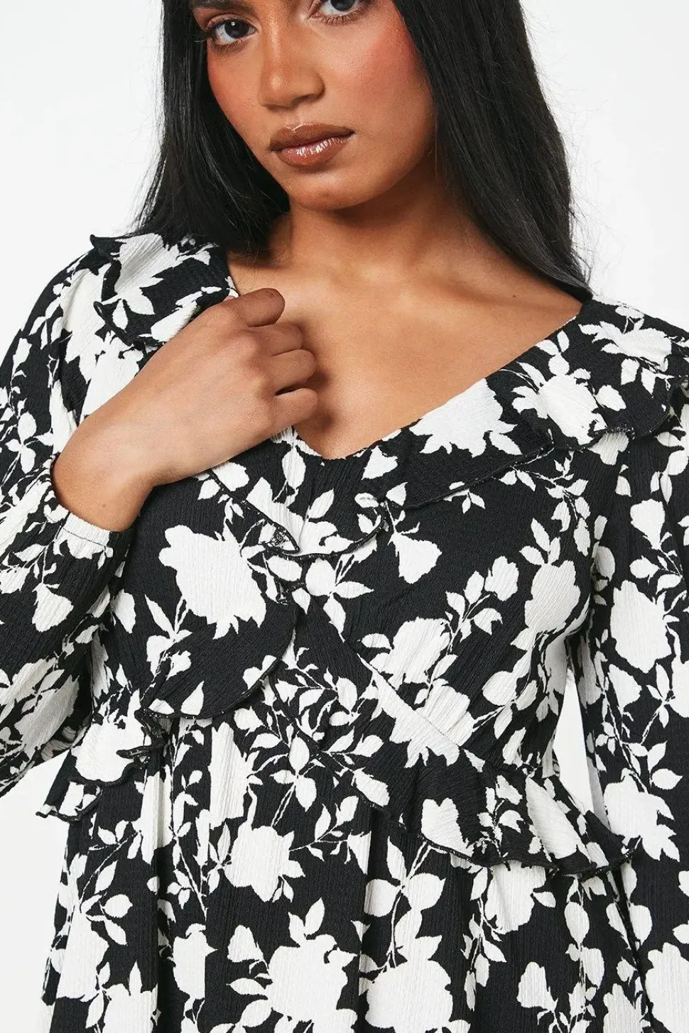 Petite Mono Floral Print Ruffle Front Midi Dress