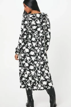 Petite Mono Floral Print Ruffle Front Midi Dress