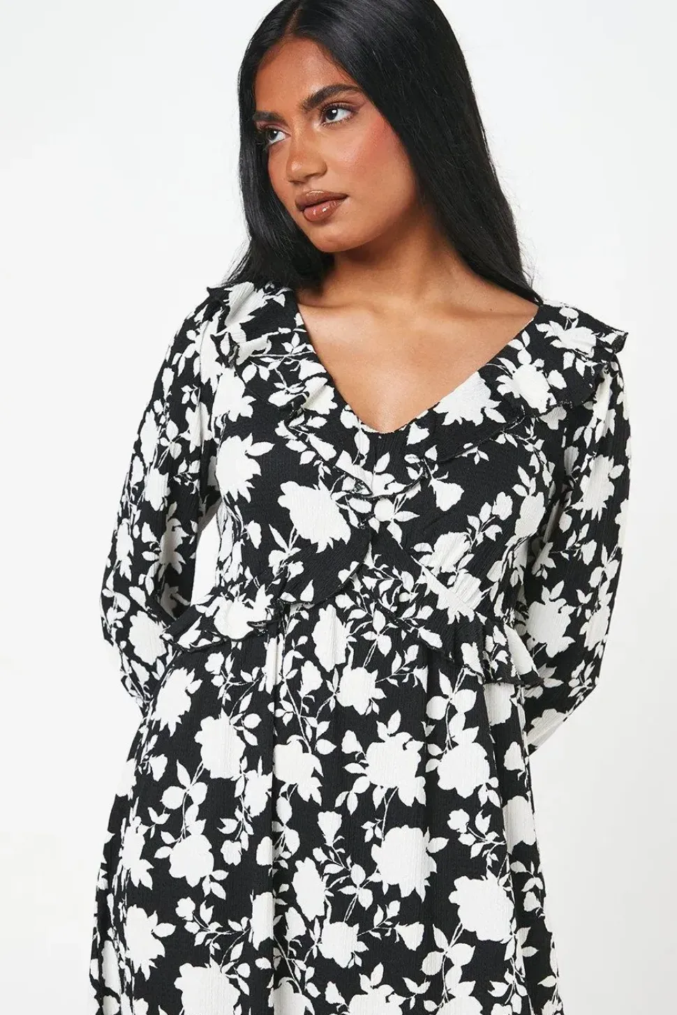 Petite Mono Floral Print Ruffle Front Midi Dress