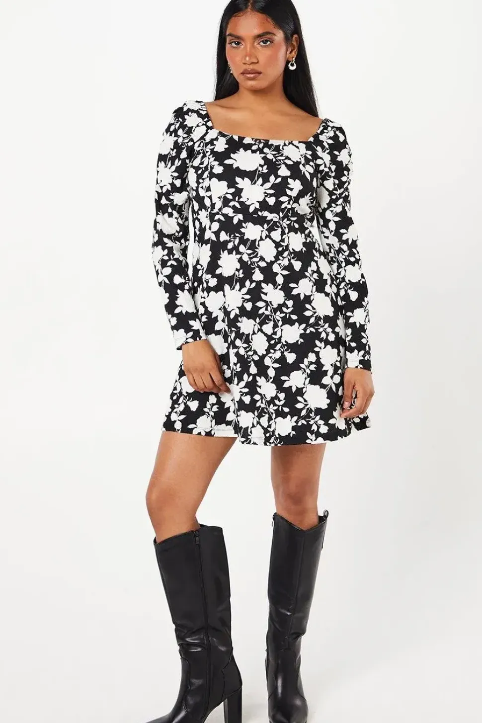Petite Mono Floral Square Neck Mini Dress