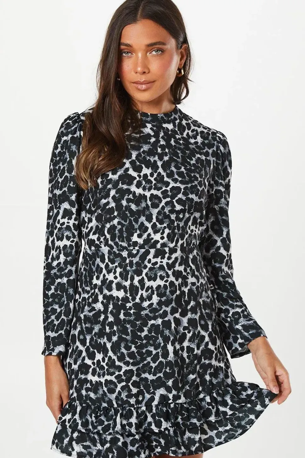 Petite Mono Leopard Frill Hem Mini Dress