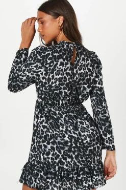 Petite Mono Leopard Frill Hem Mini Dress