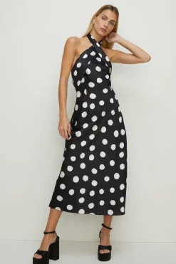 Petite Mono Spot Satin Halter Neck Midi Dress