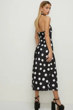 Petite Mono Spot Satin Halter Neck Midi Dress