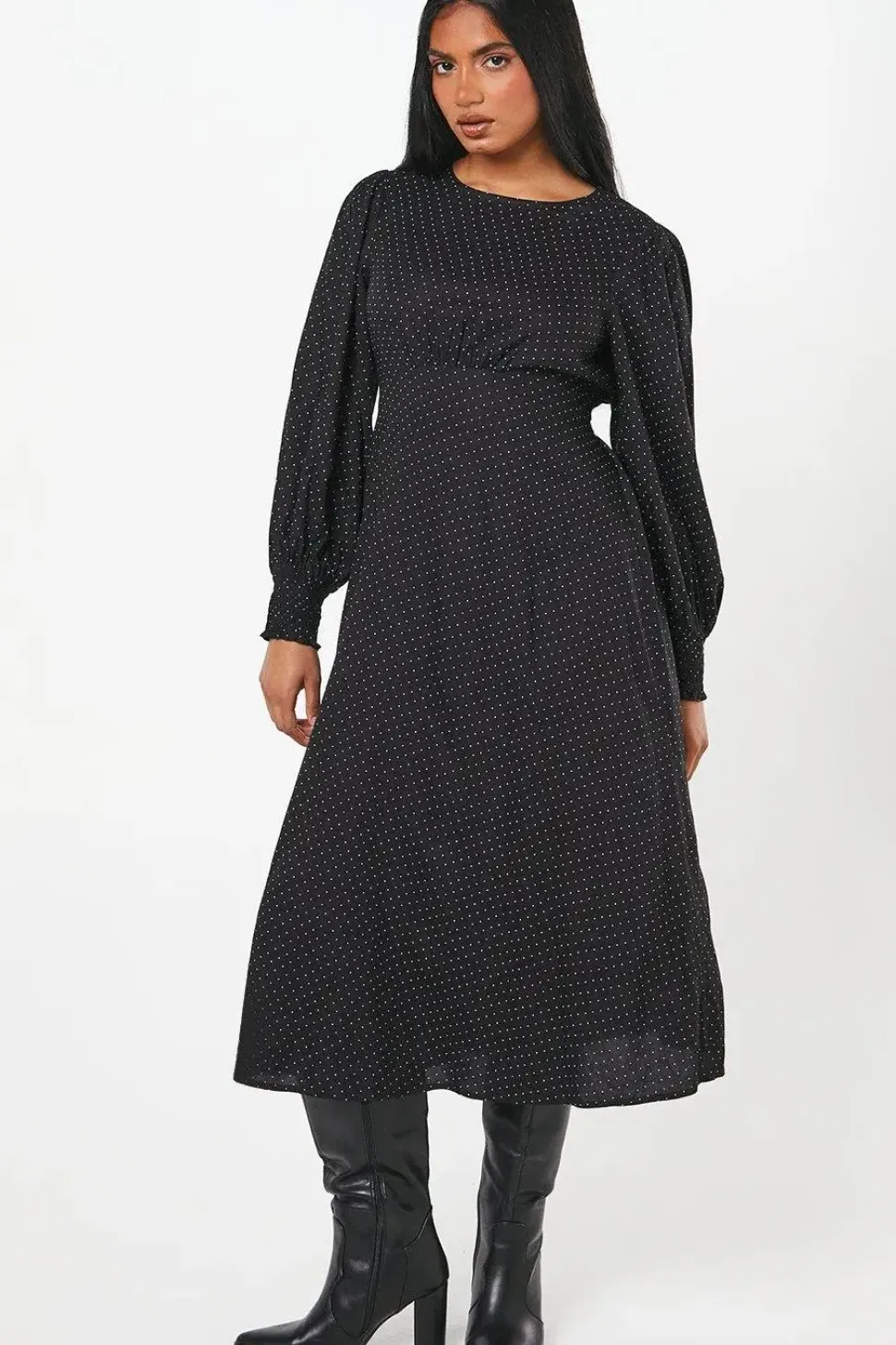 Petite Mono Spot Shirred Cuff Midi Dress