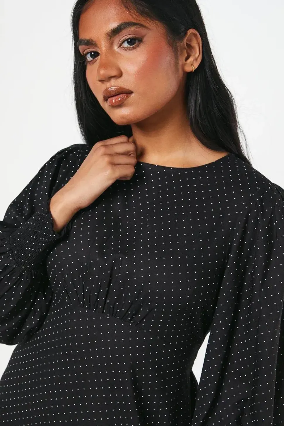 Petite Mono Spot Shirred Cuff Midi Dress