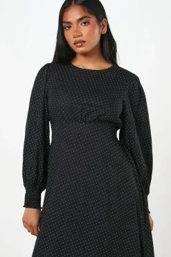 Petite Mono Spot Shirred Cuff Midi Dress