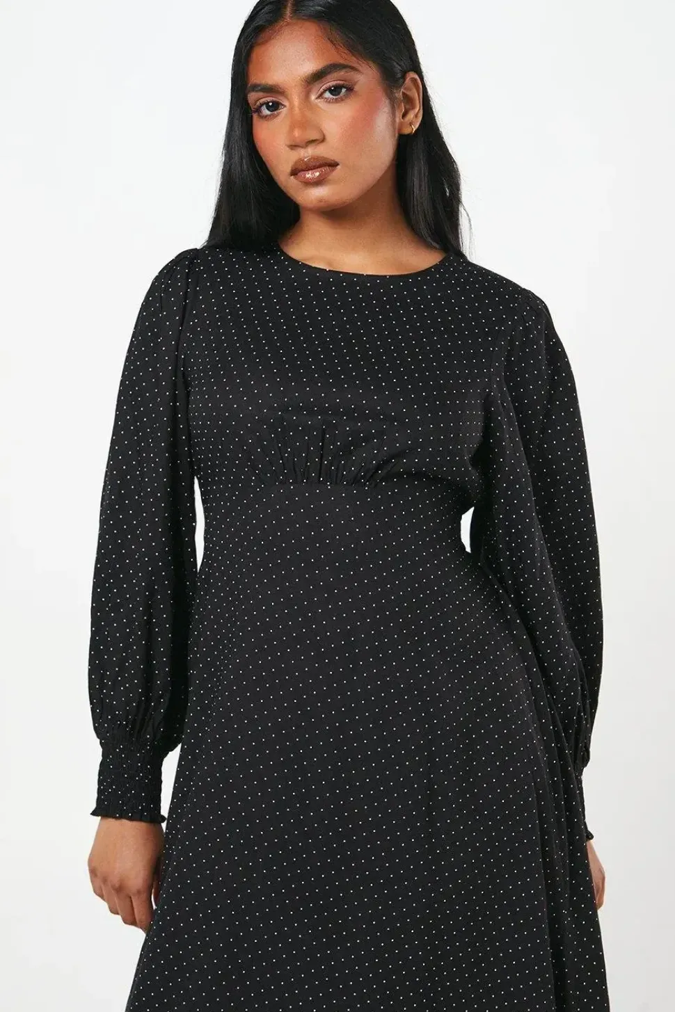 Petite Mono Spot Shirred Cuff Midi Dress