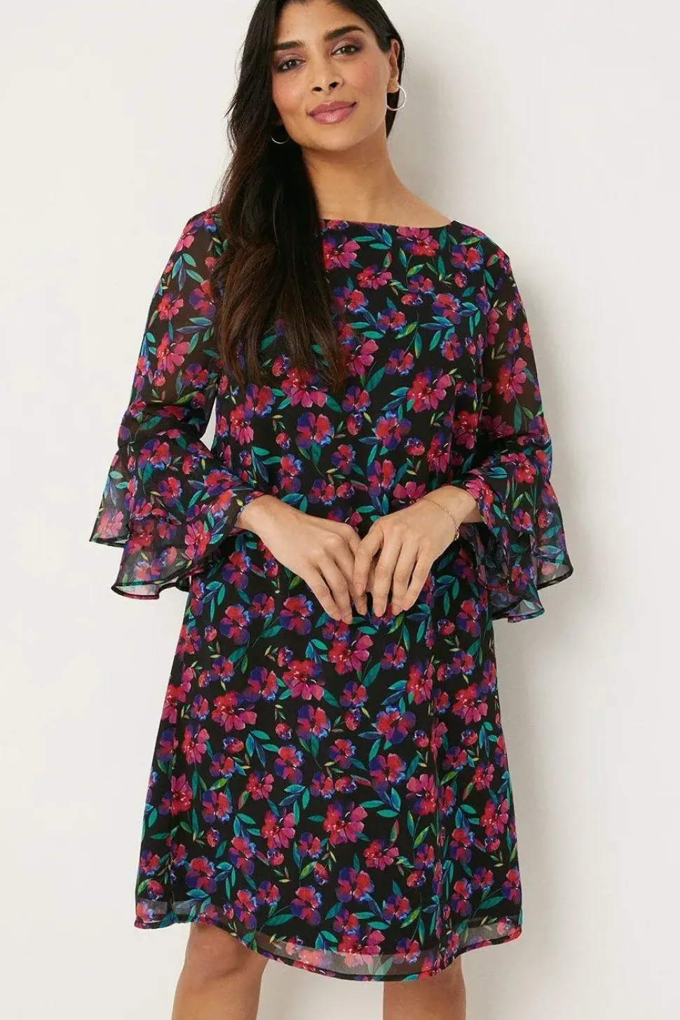 Petite Multi Ditsy Floral Ruffle Sleeve Shift Dress
