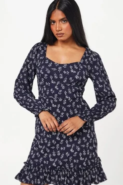 Petite Navy Ditsy Ruffle Hem Mini Dress