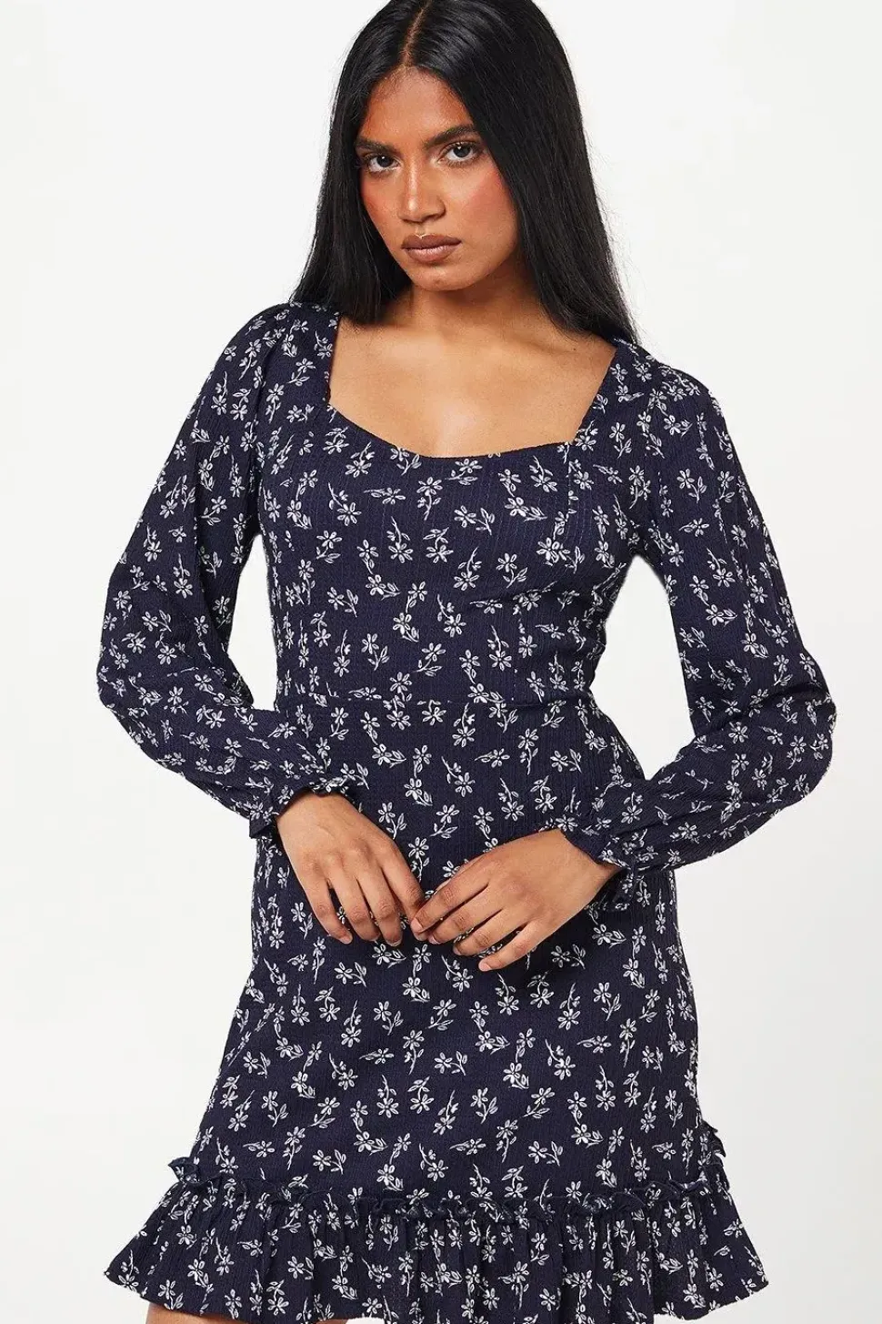 Petite Navy Ditsy Ruffle Hem Mini Dress