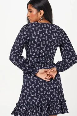 Petite Navy Ditsy Ruffle Hem Mini Dress
