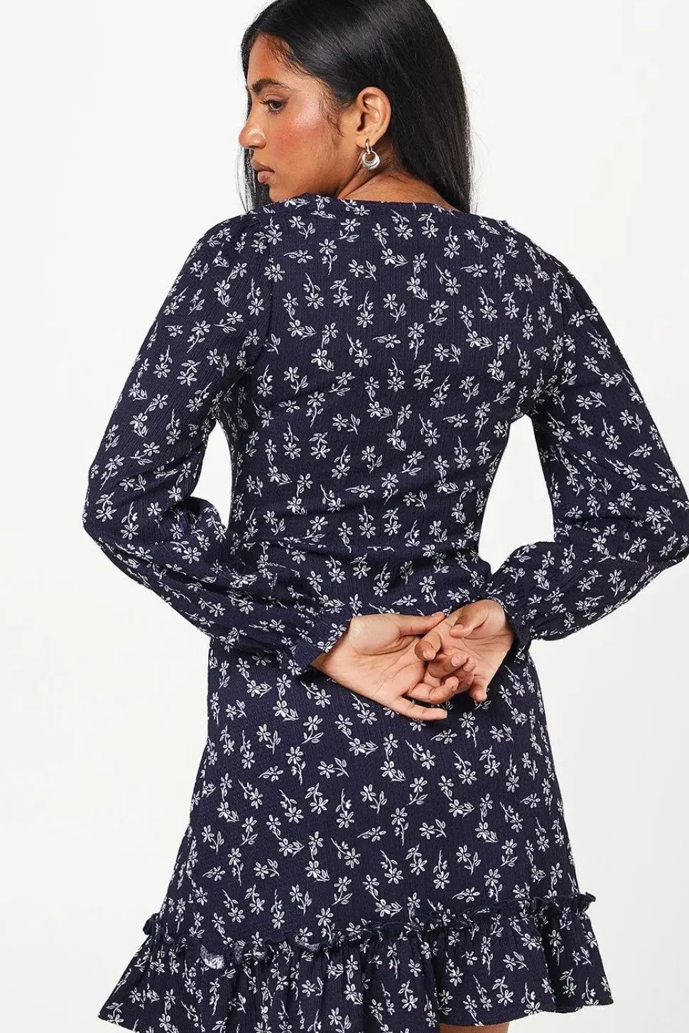 Petite Navy Ditsy Ruffle Hem Mini Dress