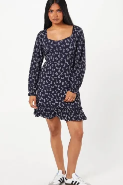 Petite Navy Ditsy Ruffle Hem Mini Dress