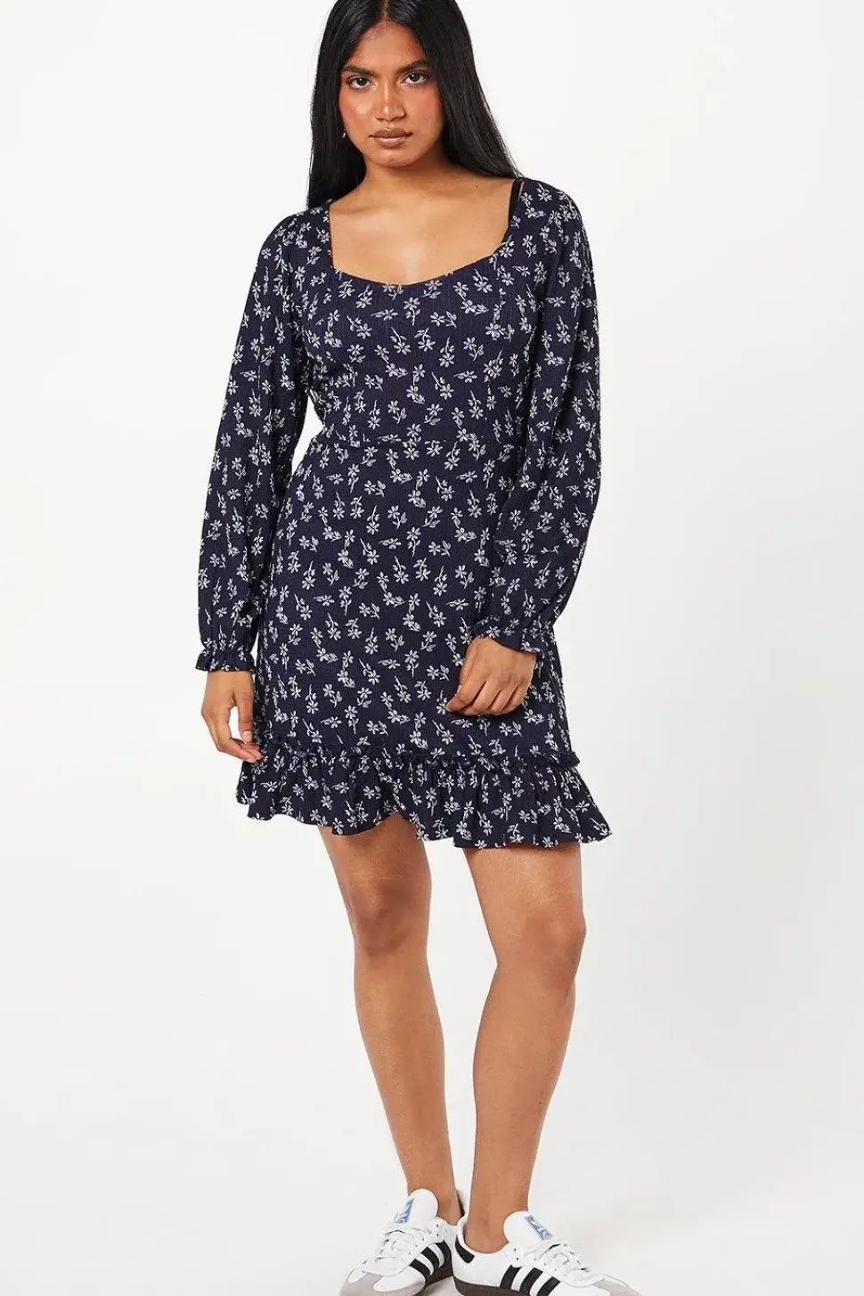 Petite Navy Ditsy Ruffle Hem Mini Dress