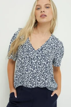 Petite Navy Ditsy Ruffle Short Sleeve Blouse