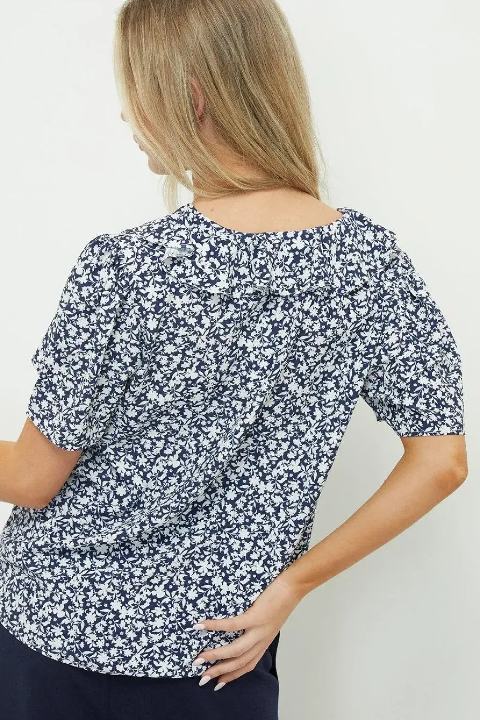 Petite Navy Ditsy Ruffle Short Sleeve Blouse