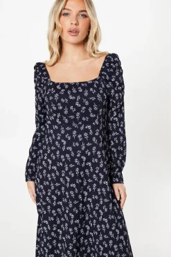 Petite Navy Ditsy Square Neck Midi Dress