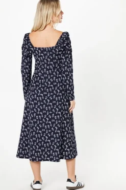 Petite Navy Ditsy Square Neck Midi Dress