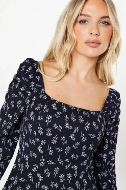 Petite Navy Ditsy Square Neck Midi Dress
