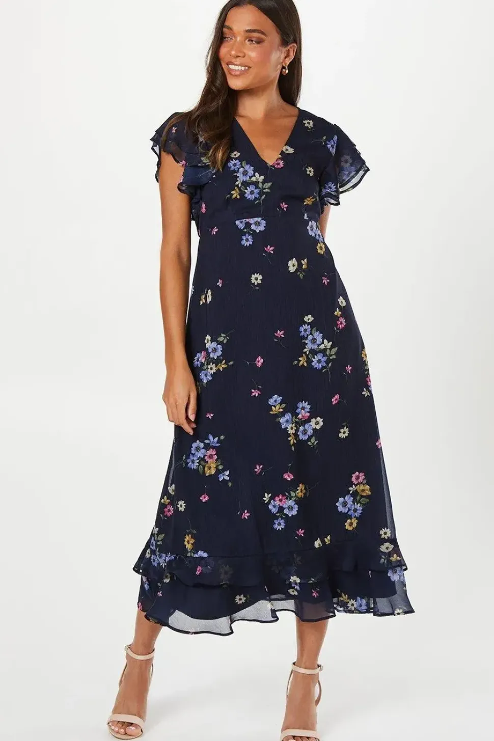 Petite Navy Floral Chiffon Ruffle Front Midi Dress
