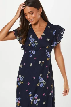 Petite Navy Floral Chiffon Ruffle Front Midi Dress