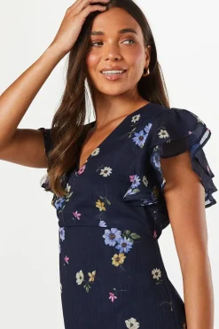 Petite Navy Floral Chiffon Ruffle Front Midi Dress