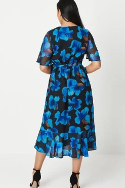 Petite Navy Floral Print Wrap Midi Dress