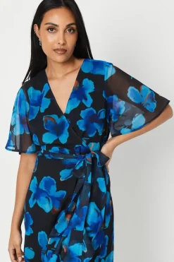 Petite Navy Floral Print Wrap Midi Dress