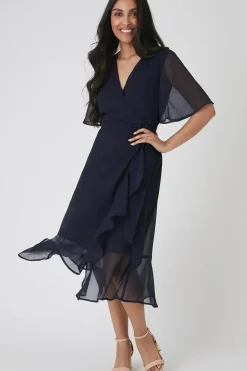 Petite Navy Flutter Sleeve Midi Dress