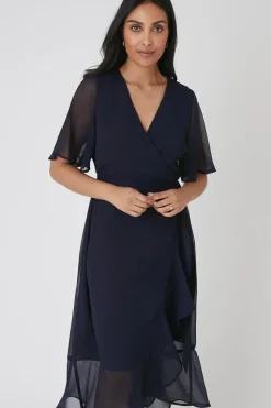 Petite Navy Flutter Sleeve Midi Dress