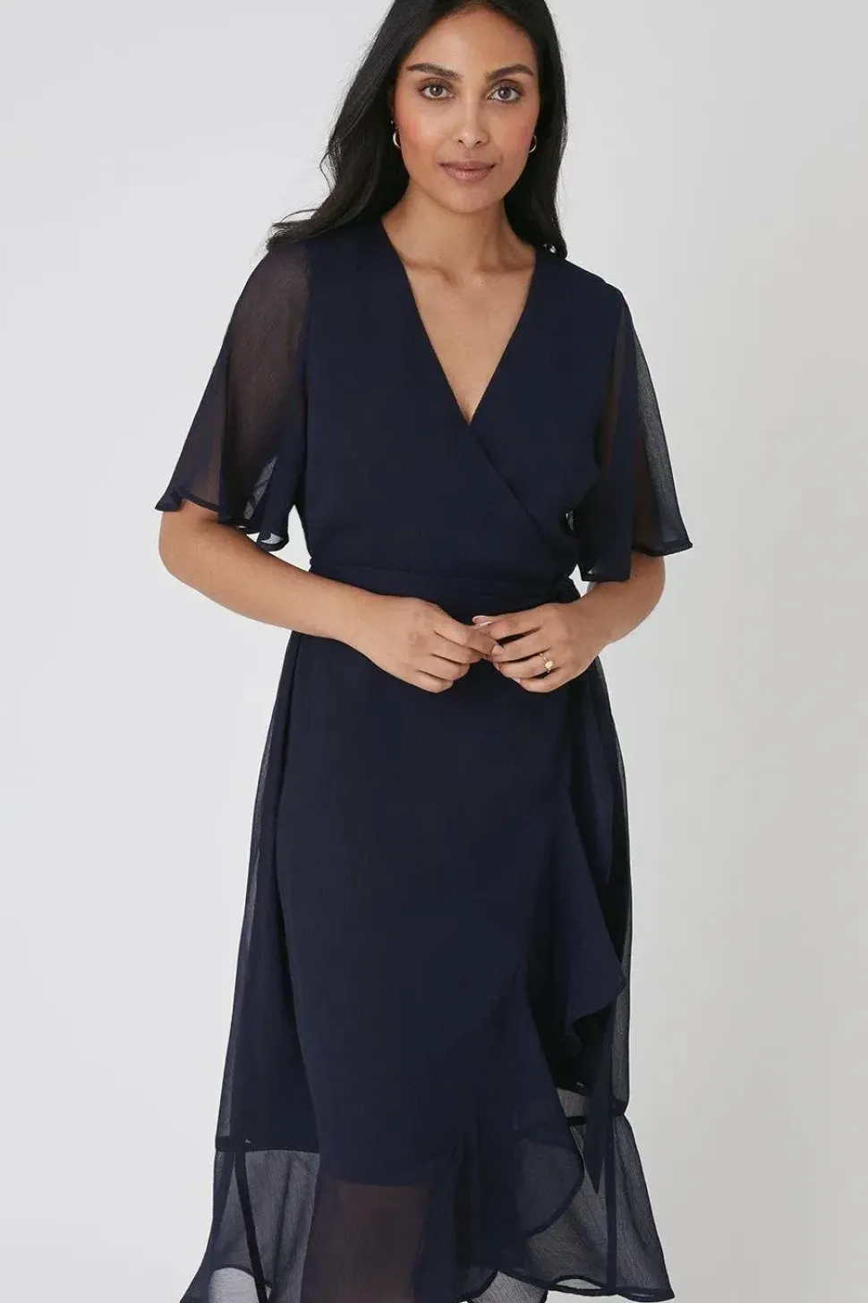 Petite Navy Flutter Sleeve Midi Dress