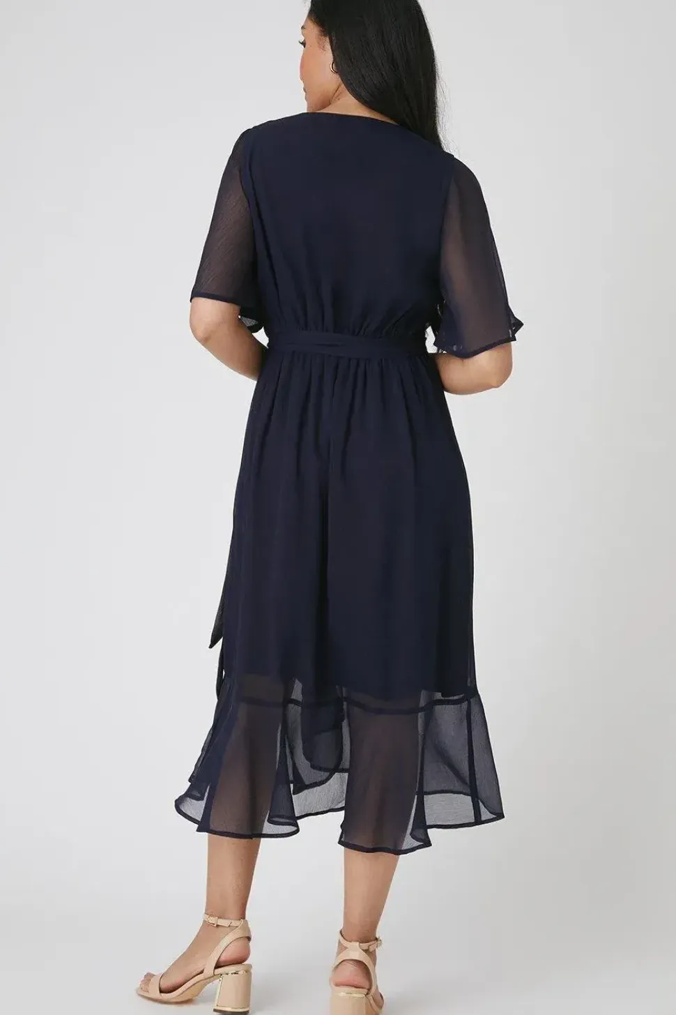 Petite Navy Flutter Sleeve Midi Dress