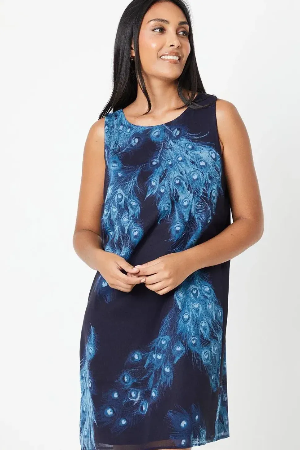 Petite Navy Peacock Sleeveless Shift Dress